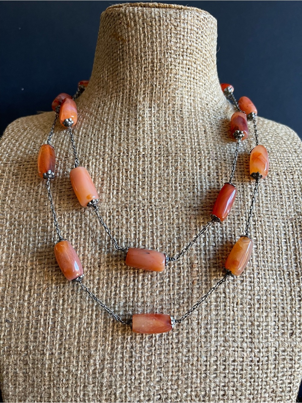Vintage hand carved silver tone Carnelian Bead Necklace .